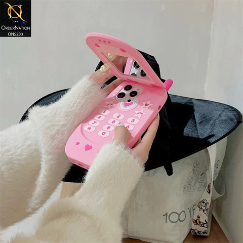 iPhone 13 Pro Cover - Pink - Cute 3D Retro Mirror Flip Phone Style Soft Silicone Case