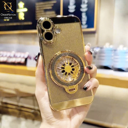 iPhone 16 Cover - Golden - New Breathing Mesh Hard Shell Protective Case With Spin Rotating Wheel Kickstand Holder