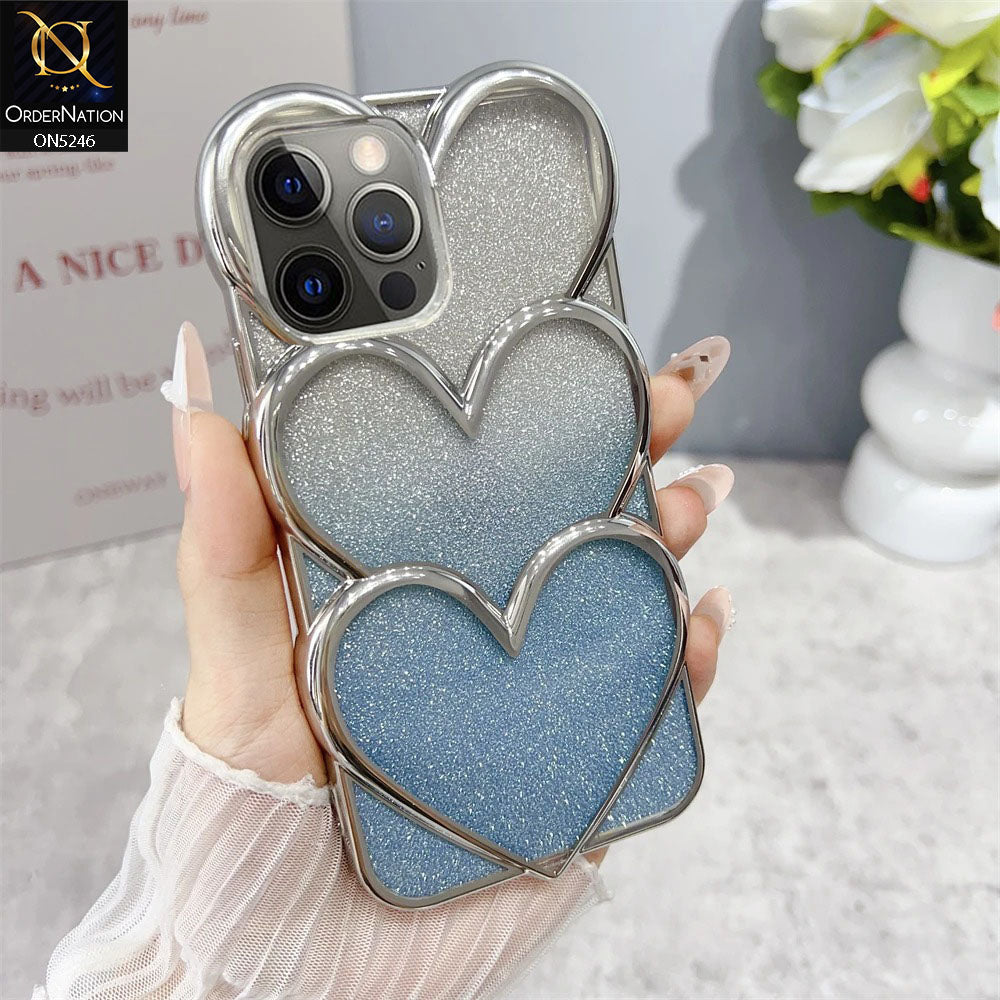 iPhone 16 Pro Max Cover - Blue - New Trendy 3D Heart Gradient Bling Glitter Electroplating Borders Soft Case - (Glitter Does Not Move)