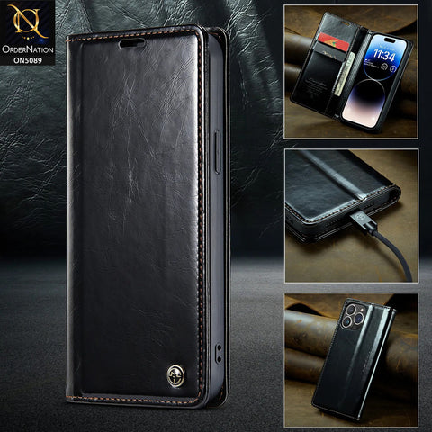 iPhone 15 Plus Cover - Black - CaseMe Classic Leather Flip Book Card Slot Case