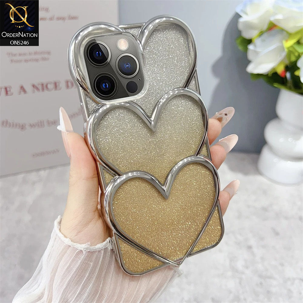 iPhone 13 Pro Max Cover - Golden - New Trendy 3D Heart Gradient Bling Glitter Electroplating Borders Soft Case - (Glitter Does Not Move)