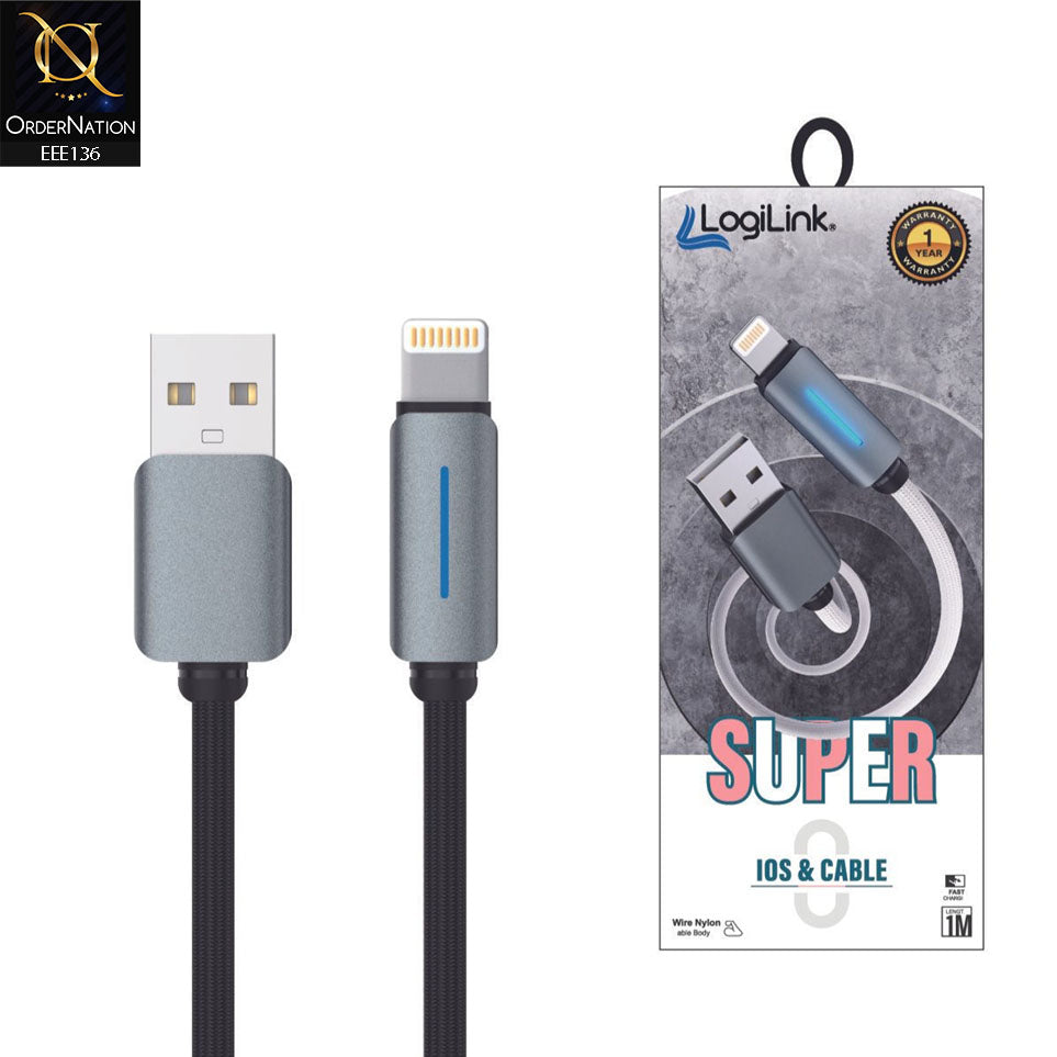 LogiLink USB To Lightning Nylon Fast Charging Data Cable with Light - Black