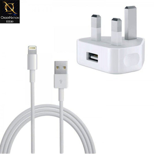 5W USB Power Adapter UK Pin With Lightning USB Cable For IOS Devices - White