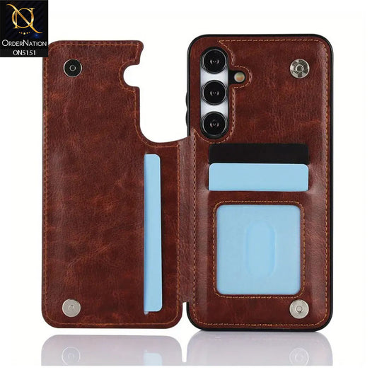 Samsung Galaxy S24 Cover - Brown - Luxury PU Leather Card Holder Wallet Soft Case