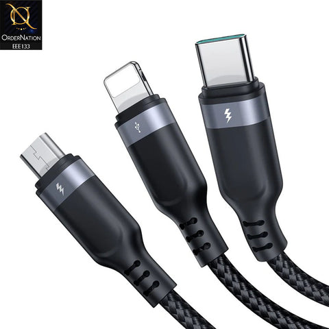 JOYROOM S-1T3018A18 Multi-Use 3.5A USB-A to Lightning + Type-C + Micro 3-in-1 Data Cable - Black