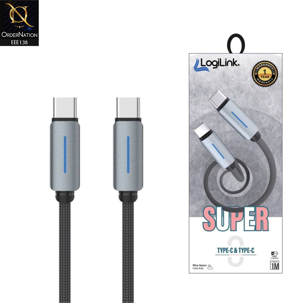 LogiLink Type C To Type C Nylon Fast Charging Data Cable with Light - Gray