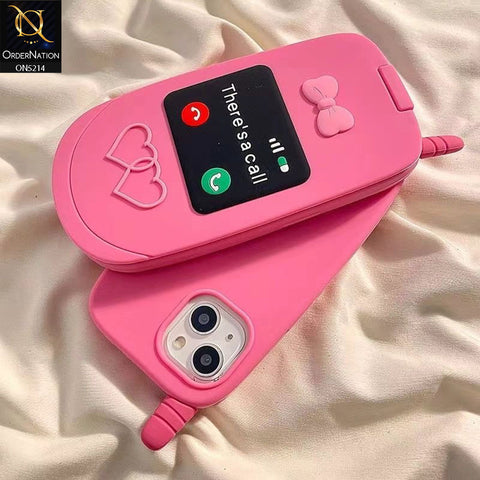 iPhone 12 Cover - Pink - Cute 3D Kawaii Retro Flip Phone Style Soft Silicone Case With View Mirror