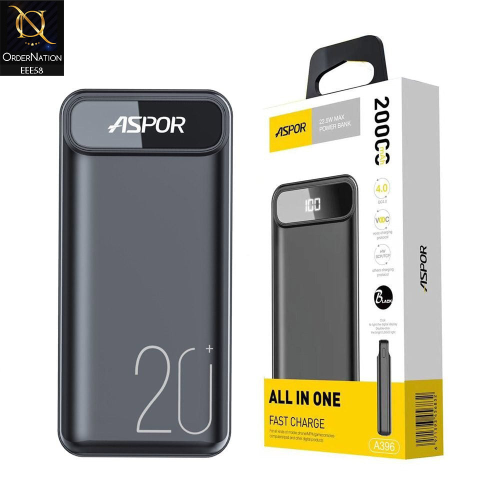 ASPOR A396 PD 20000mAh 22.5W Fast Charging Power Bank - Black