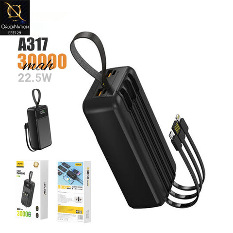 Aspor A317 22.5W 30000mAh Fast Charging Power Bank with 3 Cable - Black