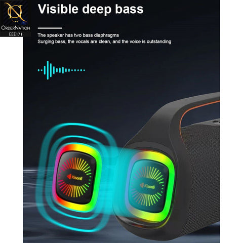 Kisonli K12 20W Portable Wireless Bluetooth Speaker with RGB lights and Super Bass - Black