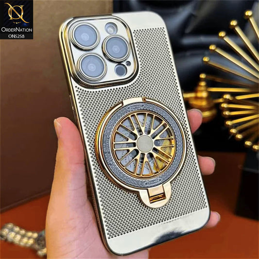 iPhone 16 Pro Cover - Golden - New Breathing Mesh Hard Shell Protective Case With Spin Rotating Wheel Kickstand Holder