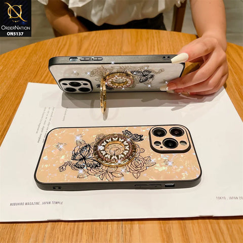 iPhone 14 Cover - Golden - TYBOMB Luxury Shiny Glass Butterfly Bling Diamond Metal Holder Soft Border Case