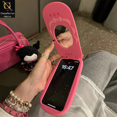 iPhone 15 Pro Max Cover - Pink - Cute 3D Kawaii Retro Flip Phone Style Soft Silicone Case With View Mirror