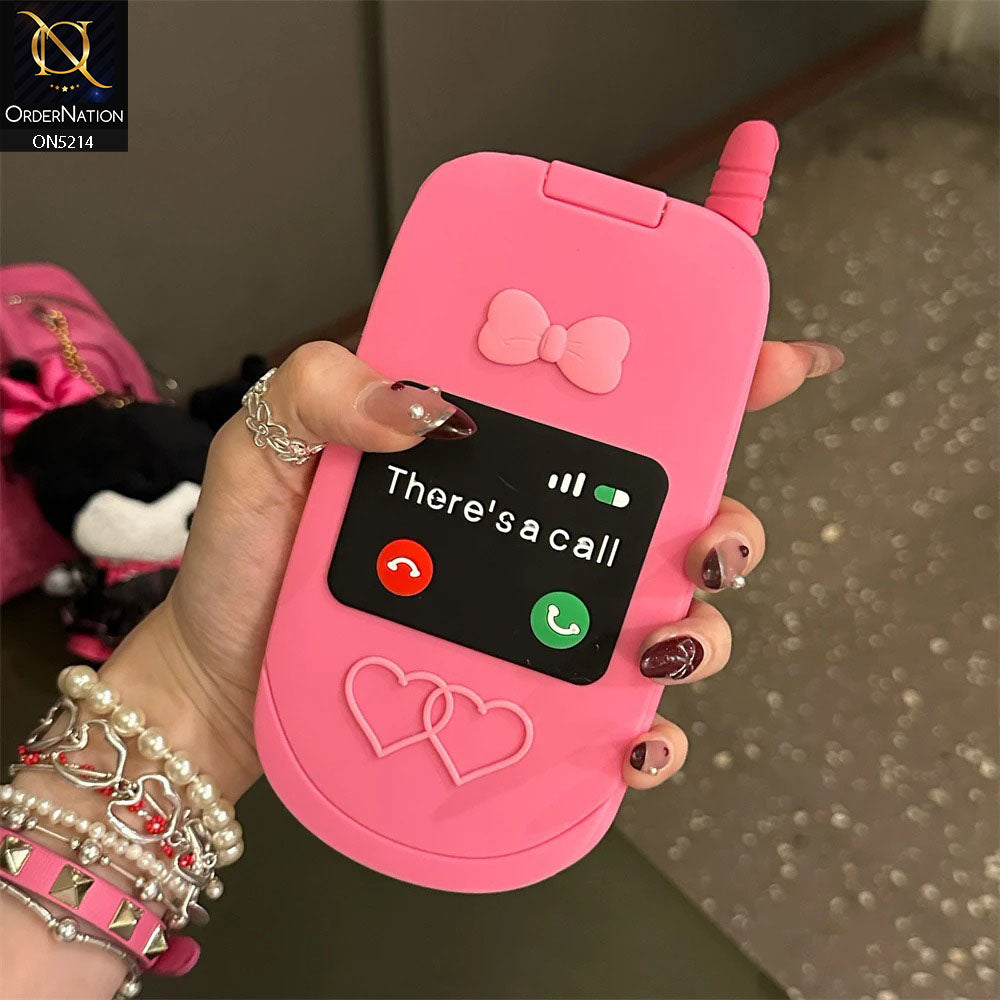 iPhone 15 Pro Max Cover - Pink - Cute 3D Kawaii Retro Flip Phone Style Soft Silicone Case With View Mirror