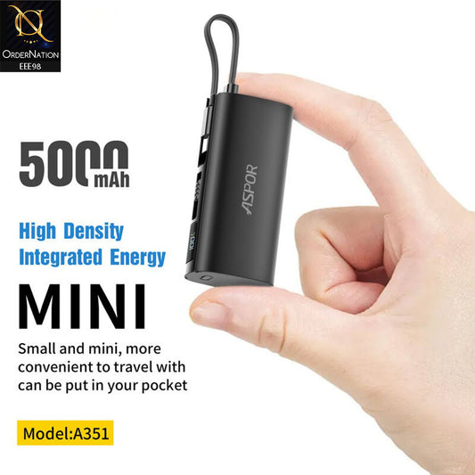 ASPOR A351 5000mAh PD 20W Mini Emergency Pocket Power Bank With Type-C cable and Lightning Connector - Black