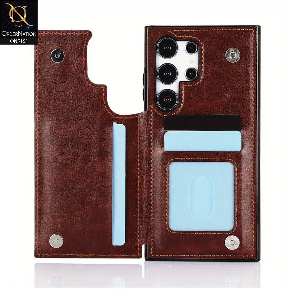 Samsung Galaxy S24 Ultra Cover - Brown - Luxury PU Leather Card Holder Wallet Soft Case