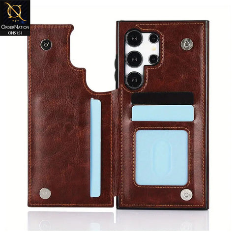 Samsung Galaxy S24 Ultra Cover - Brown - Luxury PU Leather Card Holder Wallet Soft Case