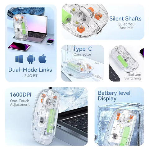 New Transparent Wireless + Bluetooth Dual-Mode Rechargeable Mouse