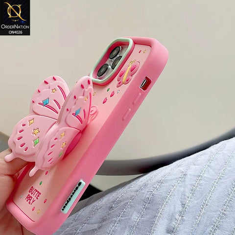 iPhone 14 Pro Max Cover - Pink - 3D Stereoscopic Pink Ins Butterfly Bracket Silicone Soft Anti-fall Back Cover