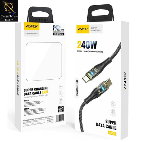 Aspor A153 240W LED Light Type-C to Type-C PD Fast Charging Cable 1.8M - Black