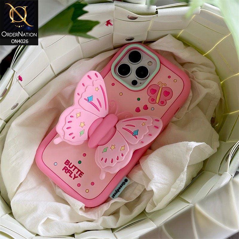 iPhone 14 Pro Max Cover - Pink - 3D Stereoscopic Pink Ins Butterfly Bracket Silicone Soft Anti-fall Back Cover