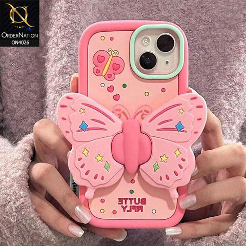 iPhone 14 Pro Max Cover - Pink - 3D Stereoscopic Pink Ins Butterfly Bracket Silicone Soft Anti-fall Back Cover