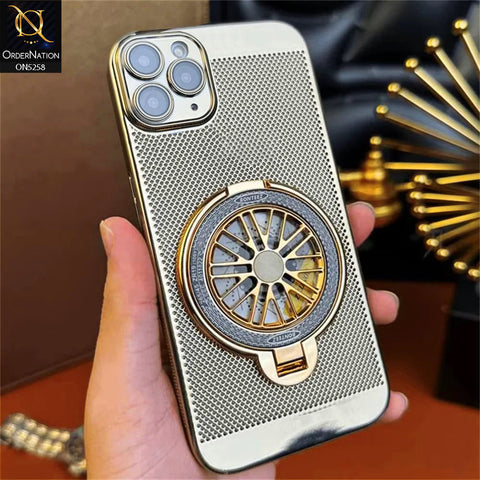 iPhone 11 Pro Max Cover - Golden - New Breathing Mesh Hard Shell Protective Case With Spin Rotating Wheel Kickstand Holder