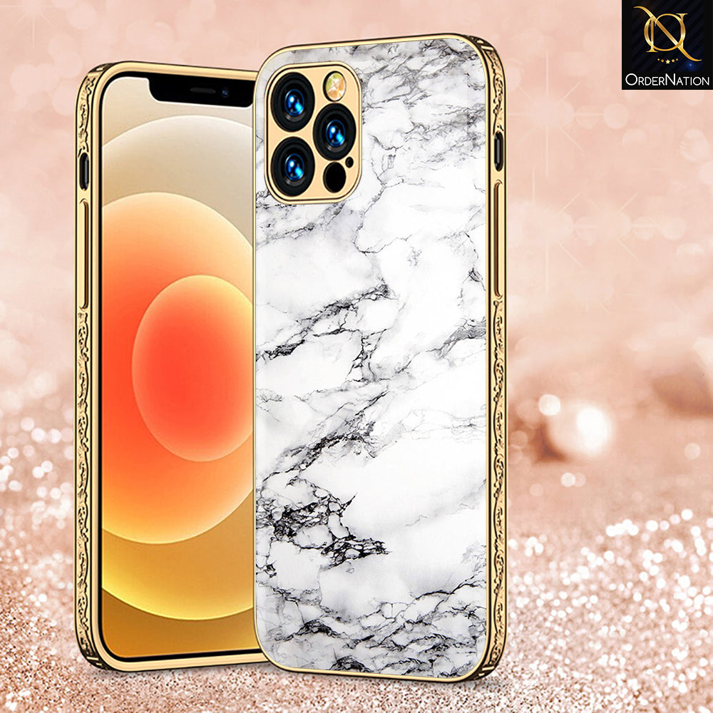 iPhone 15 Pro Max Cover - White Marble Series - Premium Electroplated Shutterproof Case Soft Silicon Borders Case