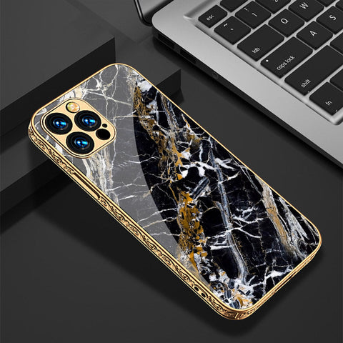 iPhone 14 Pro Max Cover - Black Marble Series - Premium Electroplated Shutterproof Case Soft Silicon Borders Case