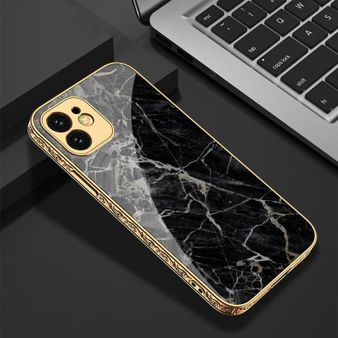 iPhone 12 Cover - Black Marble Series - D308 - Premium Electroplated Infinity Ultra Shine Glass Soft Silicon Borders Case ( Fast Delivery )