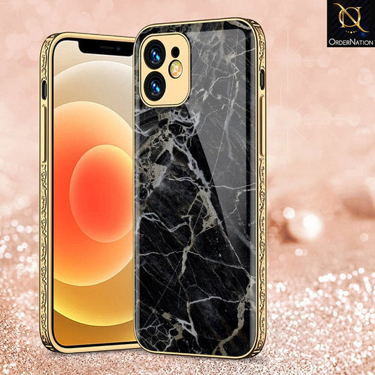 iPhone 12 Cover - Black Marble Series - D308 - Premium Electroplated Infinity Ultra Shine Glass Soft Silicon Borders Case ( Fast Delivery )