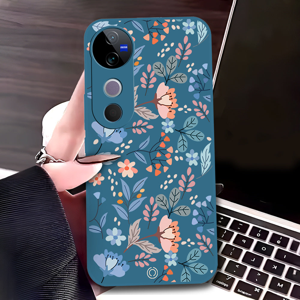 Vivo V40 Pro Cover - Blue - D1 - ONation Floral Series - HQ Liquid Silicone Soft Case