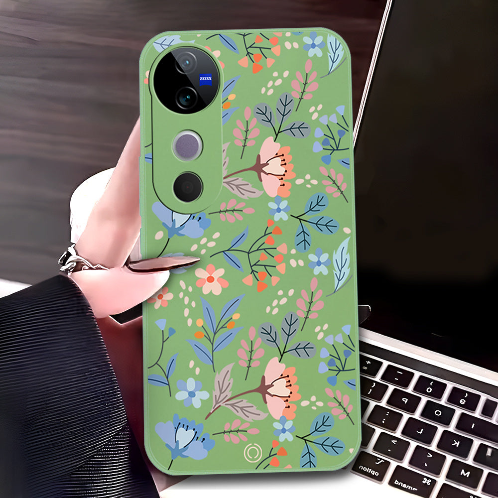 Vivo V40 Cover - Light Green - D1 - ONation Floral Series - HQ Liquid Silicone Soft Case