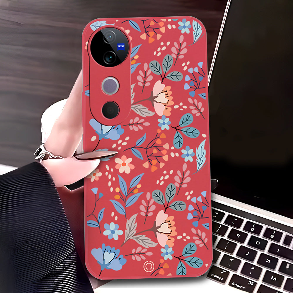 Vivo V40 Cover - Red - D1 - ONation Floral Series - HQ Liquid Silicone Soft Case