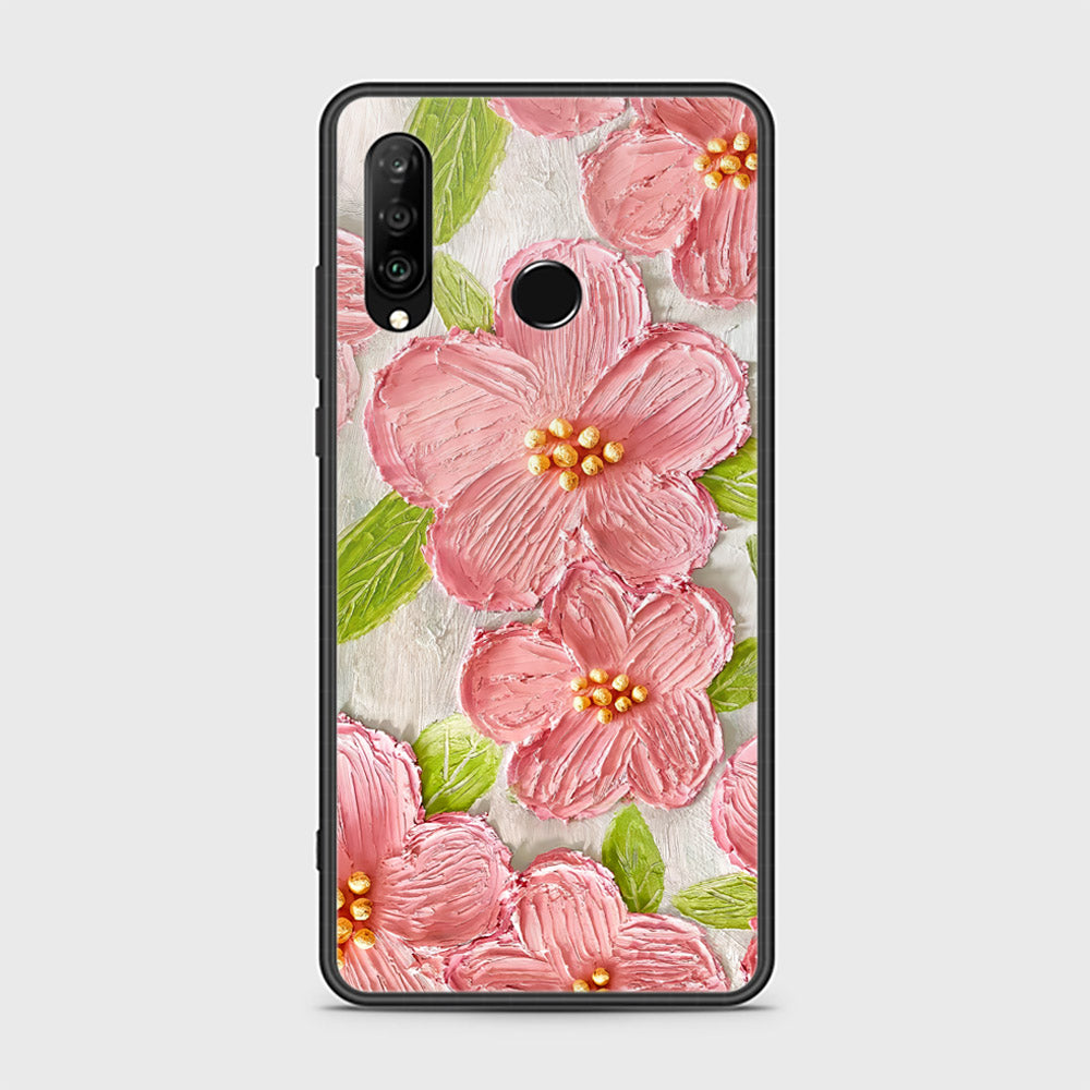 Huawei P30 lite Cover - Floral Series - Design 9 - Pink & Green - HQ Ultra Shine Premium Infinity Glass Soft Silicon Borders Case