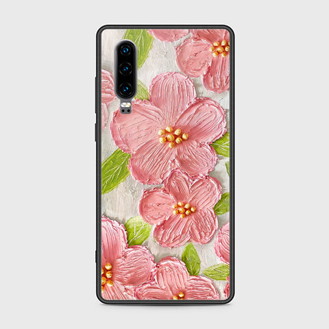 Huawei P30 Cover - Floral Series - Design 9 - Pink & Green - HQ Ultra Shine Premium Infinity Glass Soft Silicon Borders Case