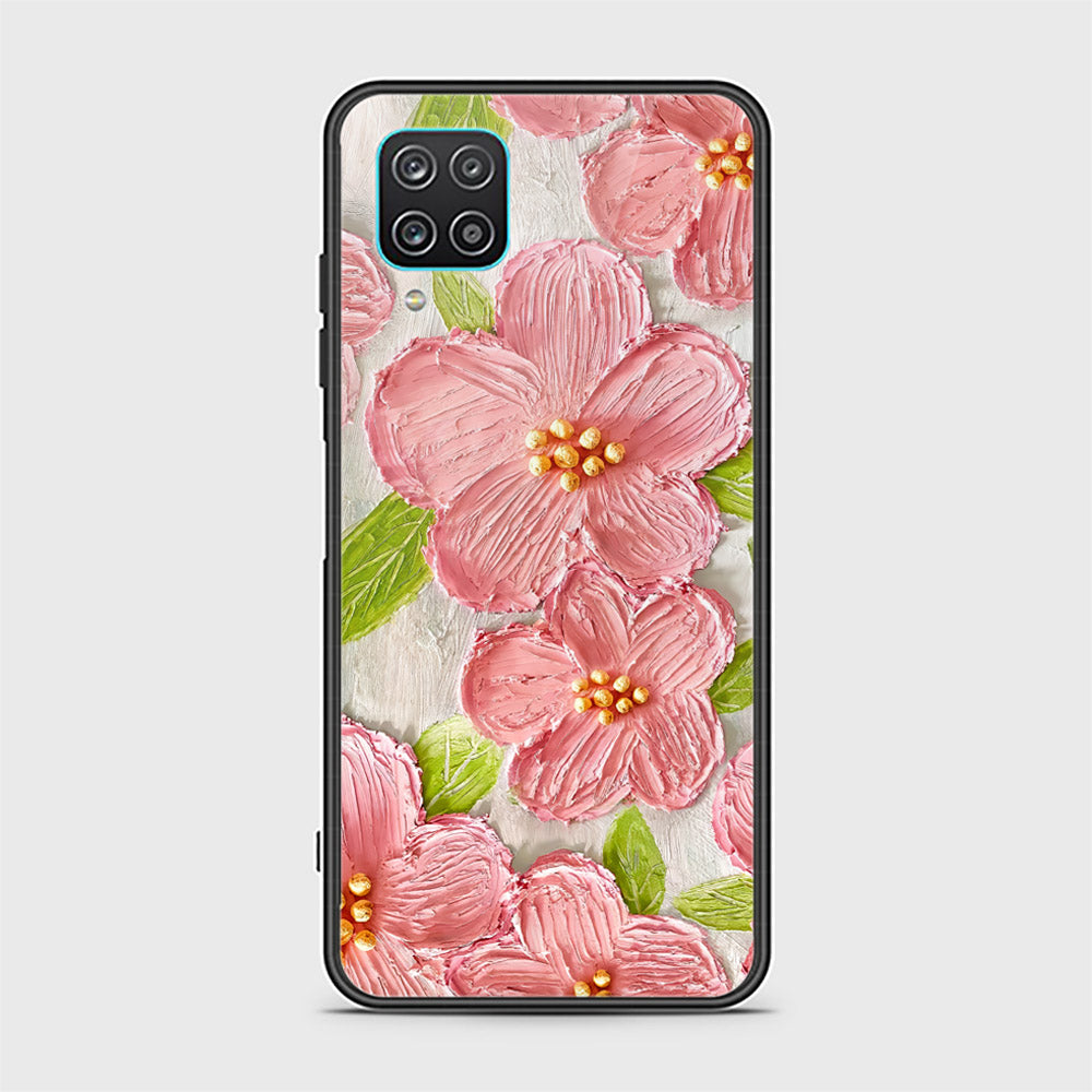 Samsung Galaxy A12 Cover - Floral Series - Design 9 - Pink & Green - HQ Ultra Shine Premium Infinity Glass Soft Silicon Borders Case