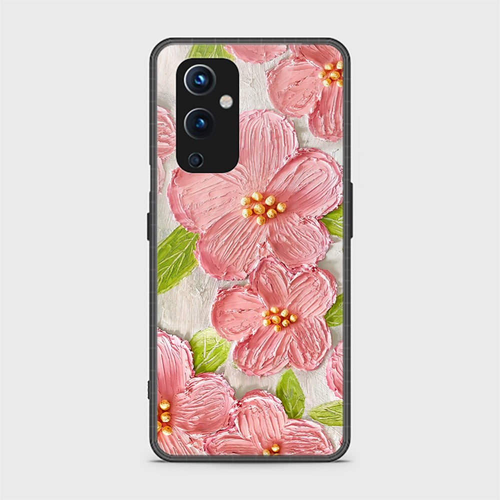 OnePlus 9 Cover - Floral Series - Design 9 - Pink & Green - HQ Ultra Shine Premium Infinity Glass Soft Silicon Borders Case