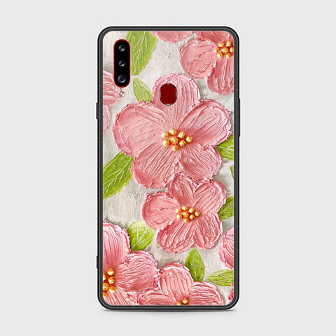 Samsung Galaxy A20s Cover - Floral Series - Design 9 - Pink & Green - HQ Ultra Shine Premium Infinity Glass Soft Silicon Borders Case