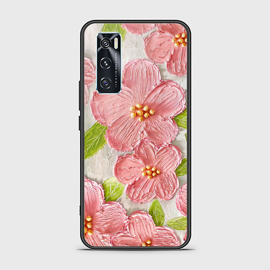 Vivo V20 SE Cover - Floral Series - Design 9 - Pink & Green - HQ Ultra Shine Premium Infinity Glass Soft Silicon Borders Case