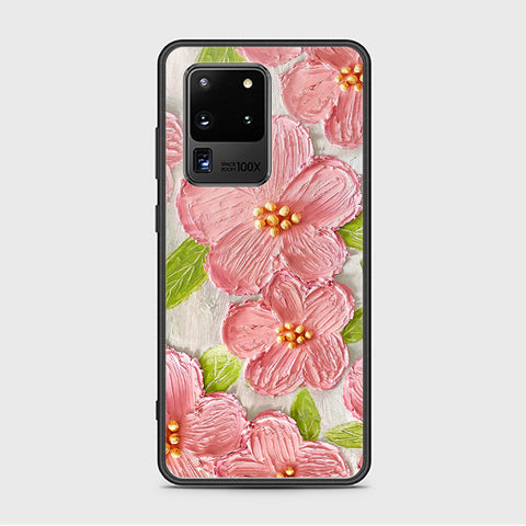 Samsung Galaxy S20 Ultra Cover - Floral Series - Design 9 - Pink & Green - HQ Ultra Shine Premium Infinity Glass Soft Silicon Borders Case