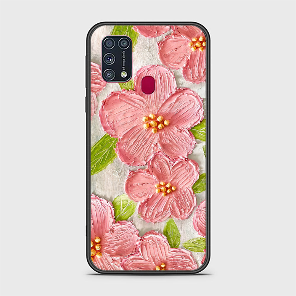 Samsung Galaxy M31 Cover - Floral Series - Design 9 - Pink & Green - HQ Ultra Shine Premium Infinity Glass Soft Silicon Borders Case