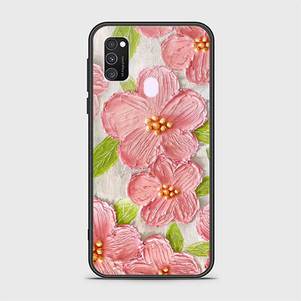 Samsung Galaxy M21 Cover - Floral Series - Design 9 - Pink & Green - HQ Ultra Shine Premium Infinity Glass Soft Silicon Borders Case