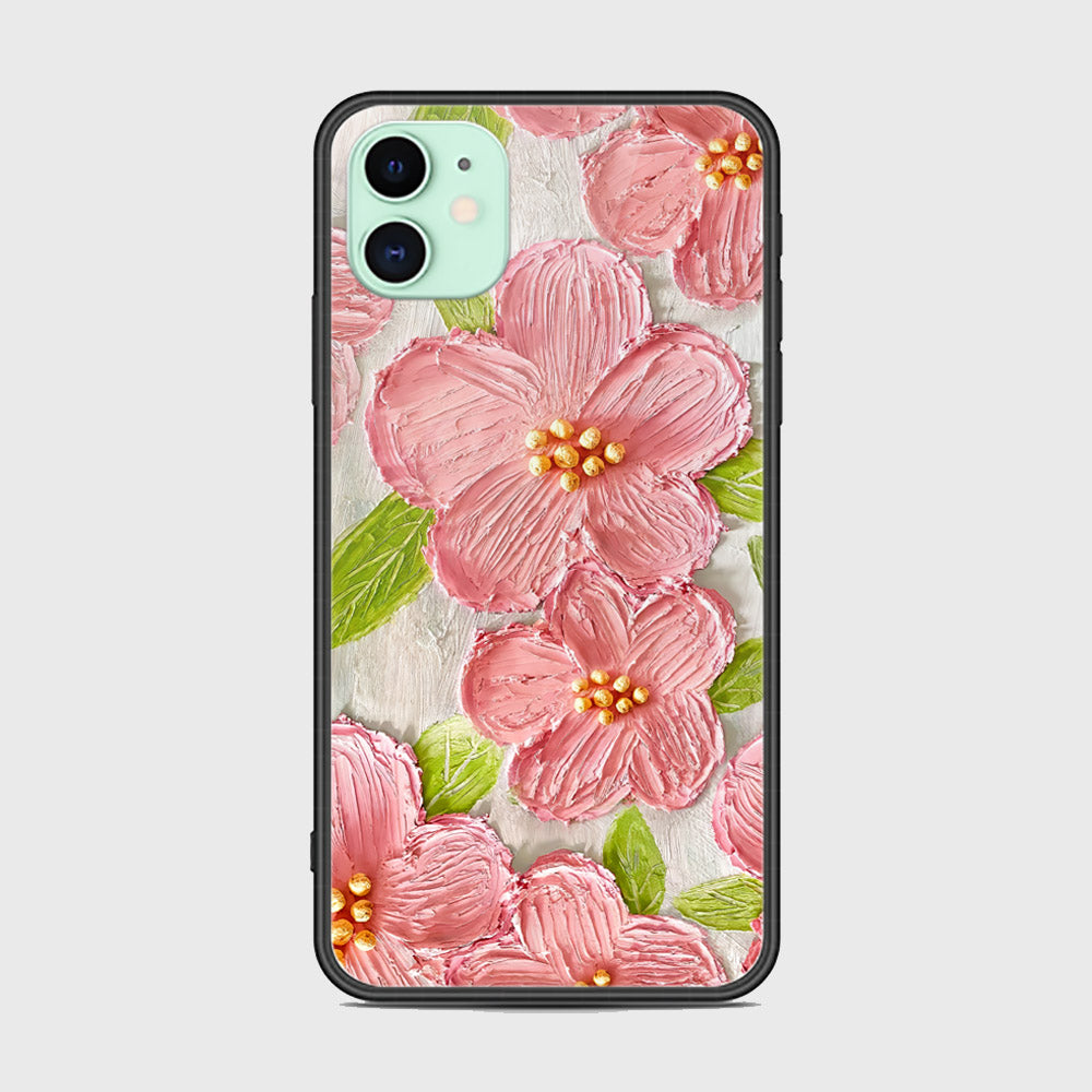 iPhone 11 Cover - Floral Series - Design 9 - Pink & Green - HQ Ultra Shine Premium Infinity Glass Soft Silicon Borders Case