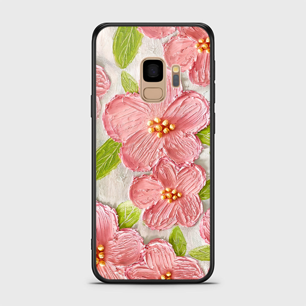 Samsung Galaxy S9 Cover - Floral Series - Design 9 - Pink & Green - HQ Ultra Shine Premium Infinity Glass Soft Silicon Borders Case