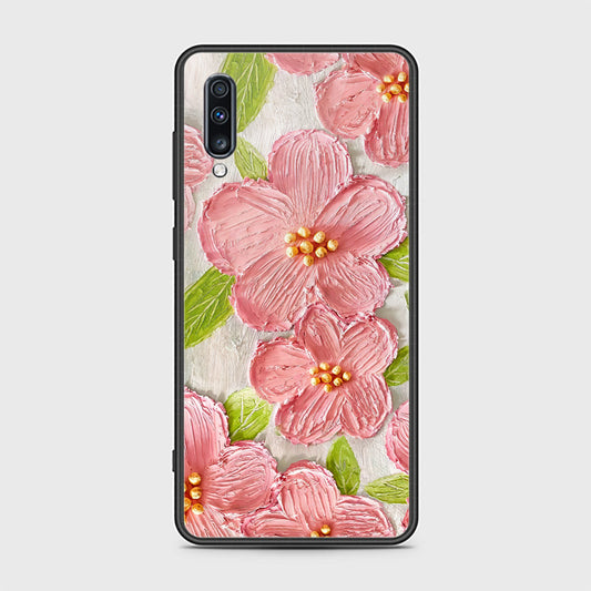 Samsung Galaxy A70 Cover - Floral Series - Design 9 - Pink & Green - HQ Ultra Shine Premium Infinity Glass Soft Silicon Borders Case