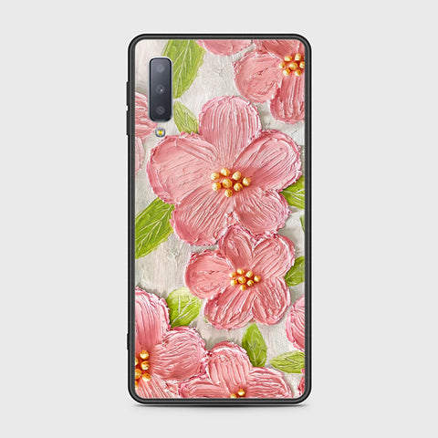 Samsung Galaxy A7 2018 Cover - Floral Series - Design 9 - Pink & Green - HQ Ultra Shine Premium Infinity Glass Soft Silicon Borders Case