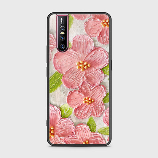 Vivo V15 Pro Cover - Floral Series - Design 9 - Pink & Green - HQ Ultra Shine Premium Infinity Glass Soft Silicon Borders Case