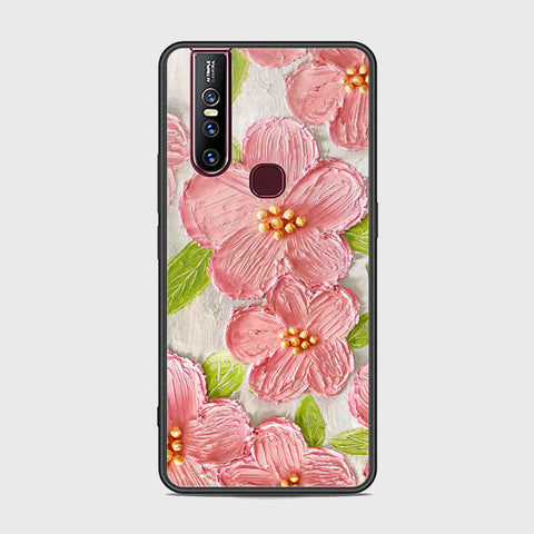 Vivo V15 Cover - Floral Series - Design 9 - Pink & Green - HQ Ultra Shine Premium Infinity Glass Soft Silicon Borders Case