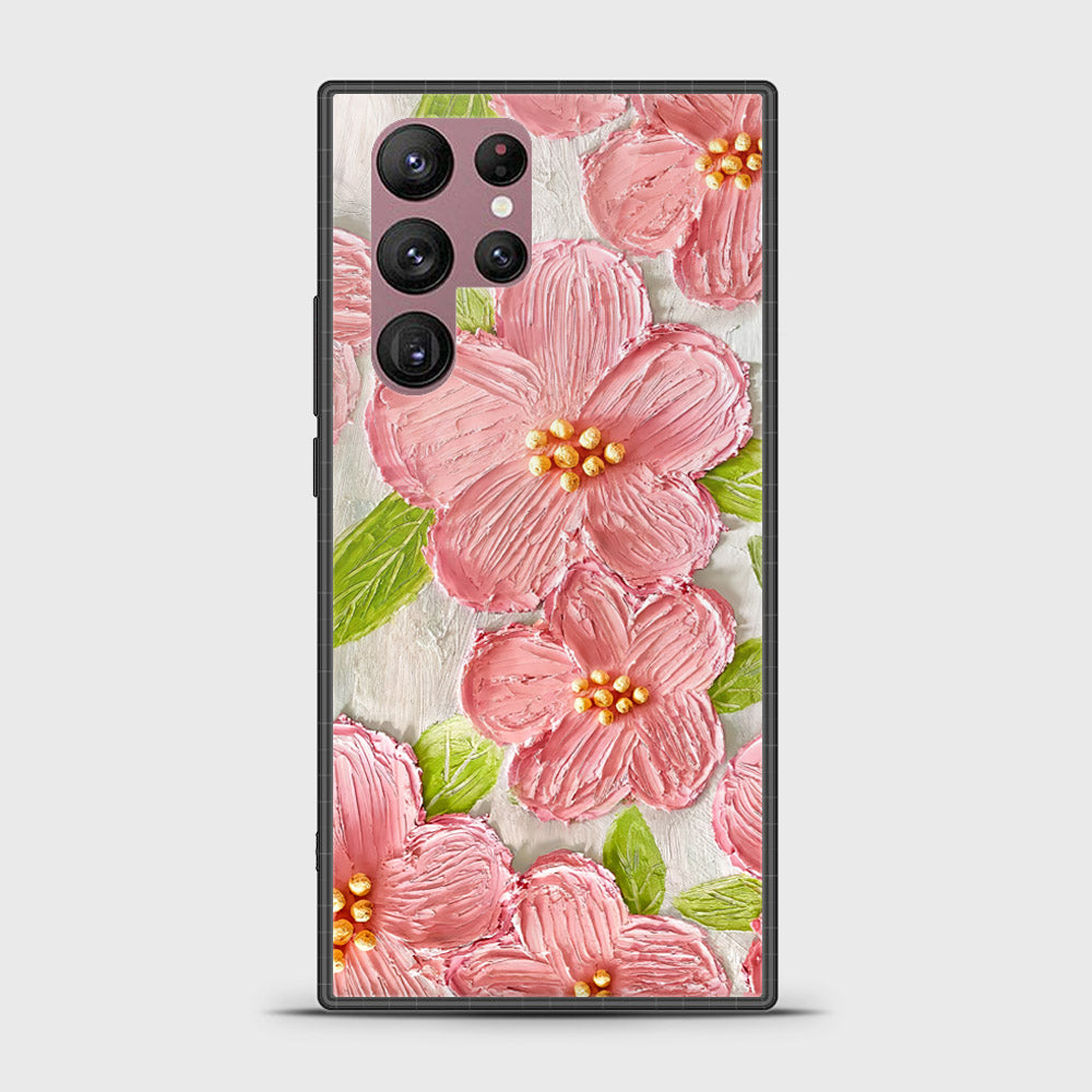 Samsung Galaxy S22 Ultra 5G Cover - Floral Series - Design 9 - Pink & Green - HQ Ultra Shine Premium Infinity Glass Soft Silicon Borders Case